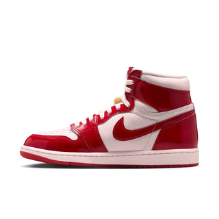 High-top sneaker side view with red patent overlays, white base, and swoosh