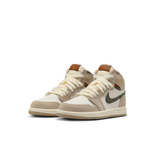 Pair of kids high-top sneakers, off-white laces with beige panels and green side swoosh
