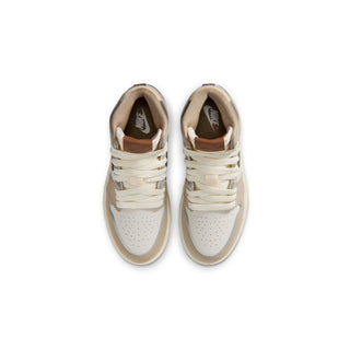 Kids high-top sneakers viewed from front, off-white laces and perforated toe box
