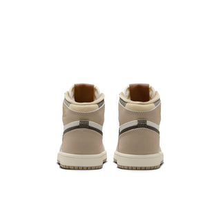 Kids high-top sneakers heel view in beige with dark green stripe accents