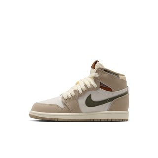 Kids high-top sneaker side view in beige and off-white with green swoosh and brown collar