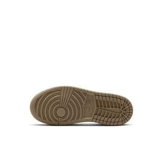 Kids high-top sneaker outsole view in tan rubber with circular traction pattern