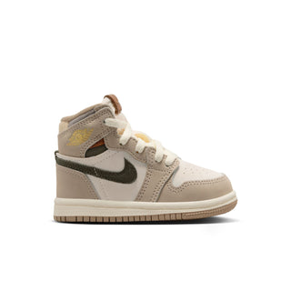 Toddler high-top sneakers in khaki with olive swoosh, white laces, padded collar