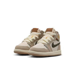 Toddler high-top sneakers with cream laces, khaki upper, olive side swoosh