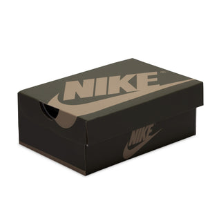 NIKE shoebox with large "NIKE" logo on dark gray lid