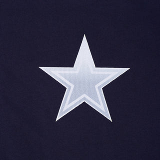 Midnight-blue T-shirt fabric with white Dallas star emblem close-up