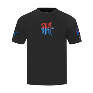 Men's black Houston Texans wave T-shirt with central HT logo and sleeve graphics