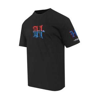 Men's black Houston Texans wave T-shirt with small chest HT logo and right sleeve print