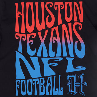 Back graphic text 'Houston Texans Football' in red and blue on black tee