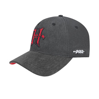 Washed black Texans strapback cap with red “H” logo and small PRO mark