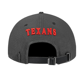 Washed black Texans strapback cap back with red “TEXANS” text and buckle