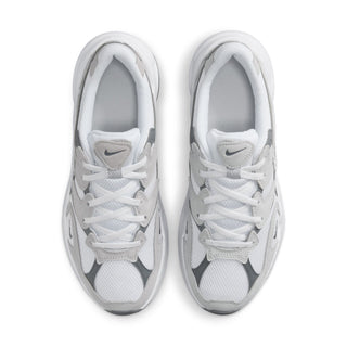 Pair of white and gray sneakers, front view, with white laces and mesh upper