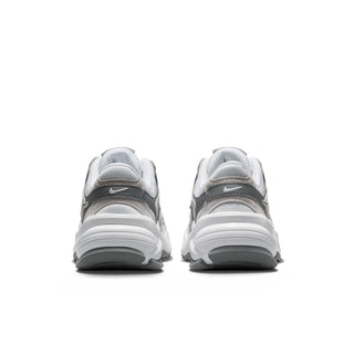White and gray sneakers, heel view, showing padded collar and chunky outsole
