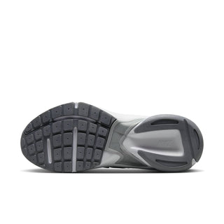 Outsole of white and gray sneakers with dark tread pattern and grey heel stabilizer