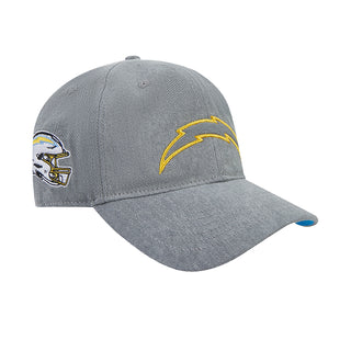 Gray strapback cap with Chargers side logo and blue underbrim