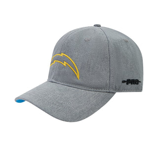 Gray strapback cap with yellow lightning embroidery and black side tag