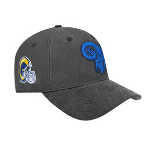 Washed dark gray strapback cap with side team logo patch and blue Rams patch