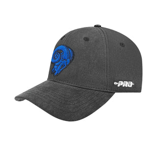 Washed dark gray strapback cap with blue Rams mascot patch and small white side logo