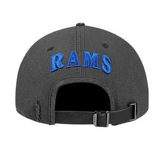 Washed dark gray strapback cap with 'RAMS' blue embroidered lettering and adjustable strap