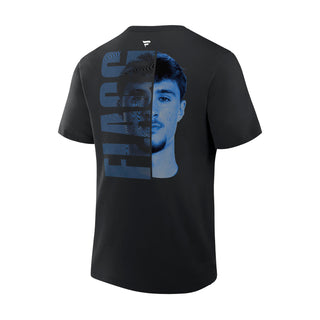 Back of black Cooper Flagg Mavericks T-shirt with a large blue player portrait graphic