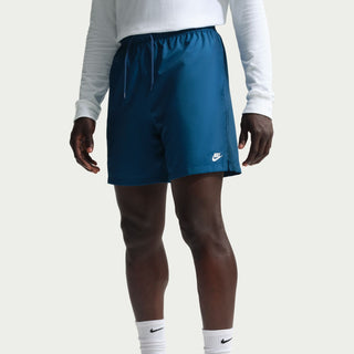 Men's blue athletic shorts, elastic waistband, drawstring ties, small side logo