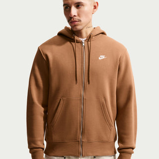 Men's Ale Brown zip-up hoodie with drawstring hood, front pockets, and small Nike swoosh