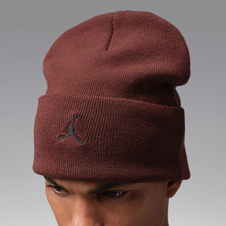Maroon knit beanie worn on model head, Jordan logo on cuff