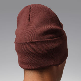 Maroon rib-knit beanie with fold cuff, back view