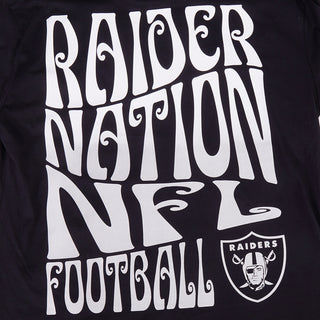 Close-up of large white Raiders Nation football back graphic on black T-shirt