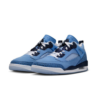 Pair of blue Jordan Spizike Low men's sneakers with white laces and navy accents.
