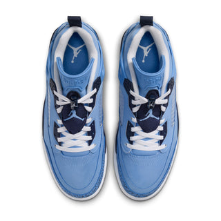 Top view of blue Jordan Spizike Low sneakers with white laces and navy tongues.