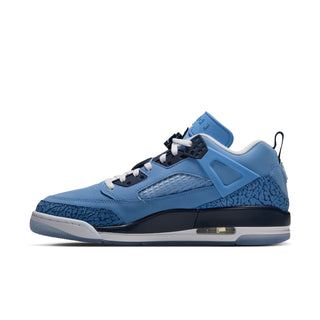 Side view of a blue Jordan Spizike Low sneaker with patterned overlays and visible Air cushioning.