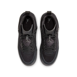 Pair of youth black sneakers, front view, with laces and cushioned tongue