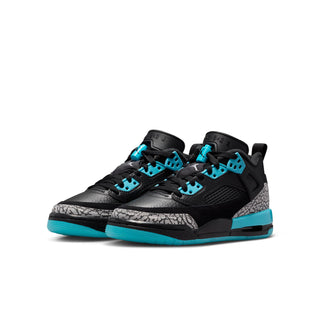 Youth low-top sneakers with black mesh, grey print panels, and aqua highlights