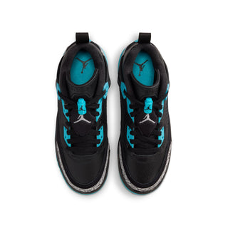 Youth low-top sneakers, black with aqua lace accents and visible Air Jordan logos