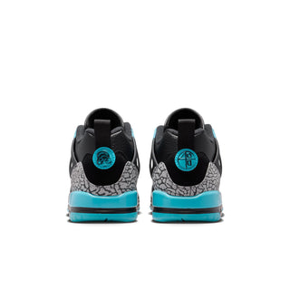 Youth low-top sneakers, rear view in black with grey print and teal back tab