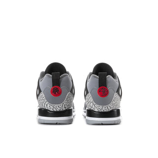 Youth low-top sneakers heel view: cool grey uppers with black heel and red logo circle
