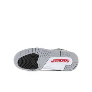 Youth sneaker outsole with grey tread and JORDAN logo on the heel