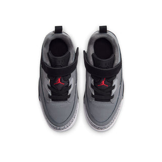 Kids' sneakers shown from top: cool grey uppers with black laces and red logo marks.