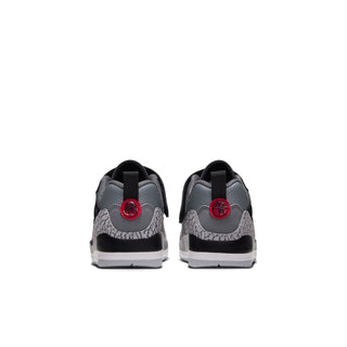 Kids' sneakers from the back: cool grey panels with black heel and red emblem tabs.
