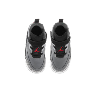 Toddler grey and black sneakers, pair view from front with hook-and-loop strap and red logo