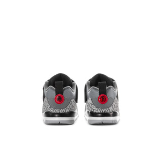 Toddler sneakers heel view in grey and black with red circular heel pull tab
