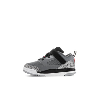 Toddler low-top sneakers side view in grey and black with elephant-print trim and red accents