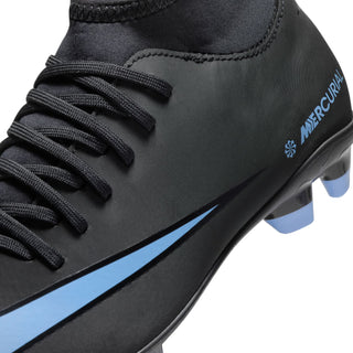 Close-up of youth black cleat laces and MERCURIAL branding in blue