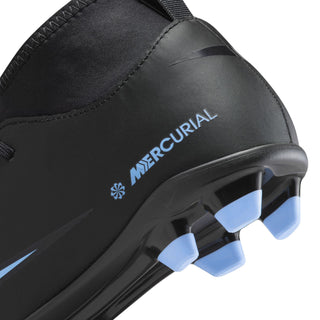 Close-up of youth black cleat heel with blue MERCURIAL logo and studs