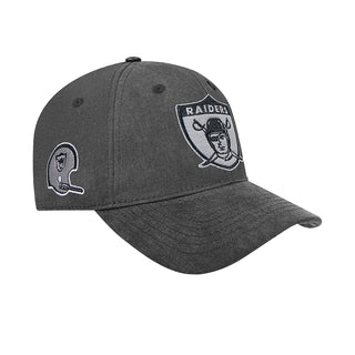 Washed black/gray Raiders logo strapback cap, side view with small emblem