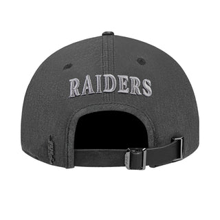 Washed black/gray Raiders cap with embroidered back text and adjustable strap