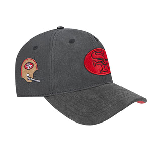 Washed black strapback cap with side team logo patch and red accents