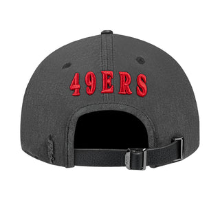 Washed black strapback cap with '49ERS' red stitched lettering on back