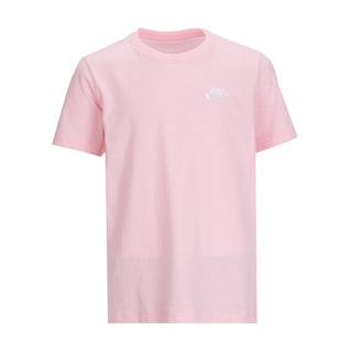 Youth pink embroidered tee with small Nike logo at chest